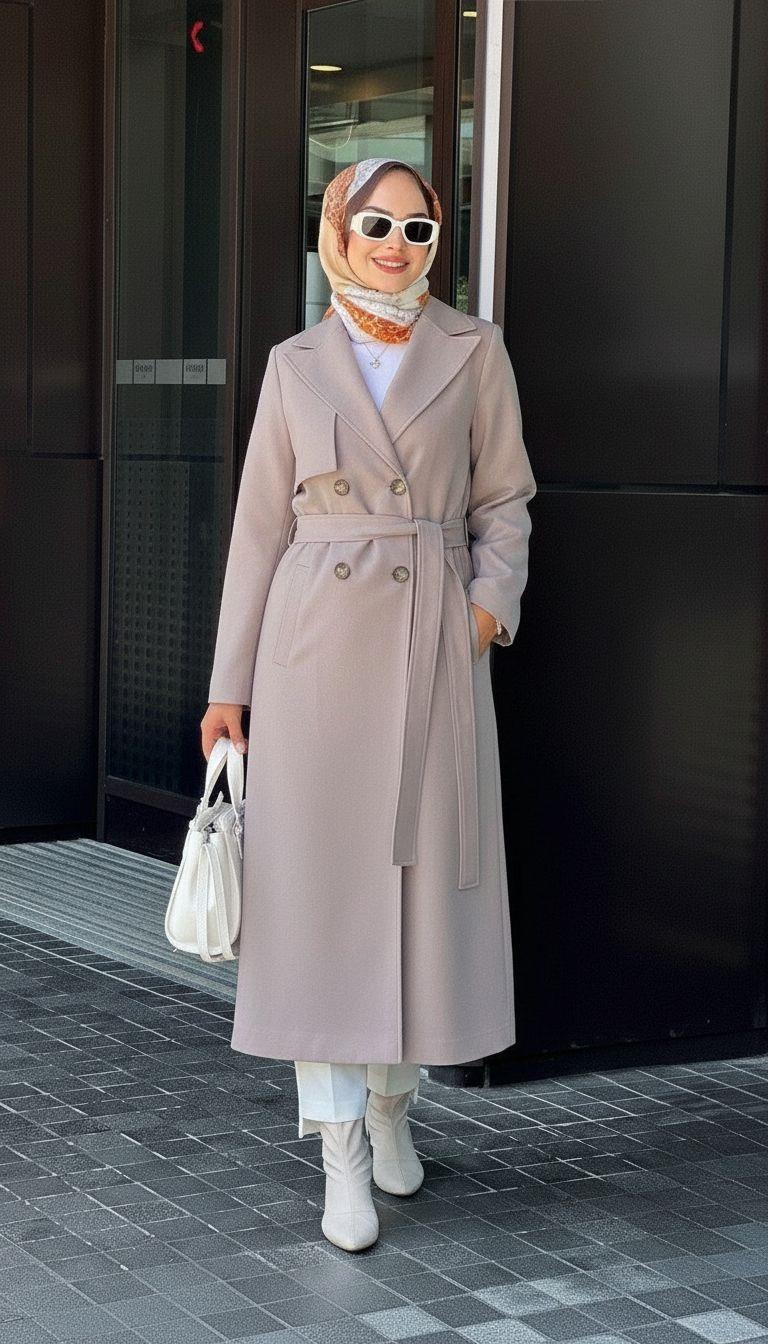 Nihle Önden Düğmeli  Kuşaklı ve Astarlı Bayan Kaşe Kaban Açık Kahve