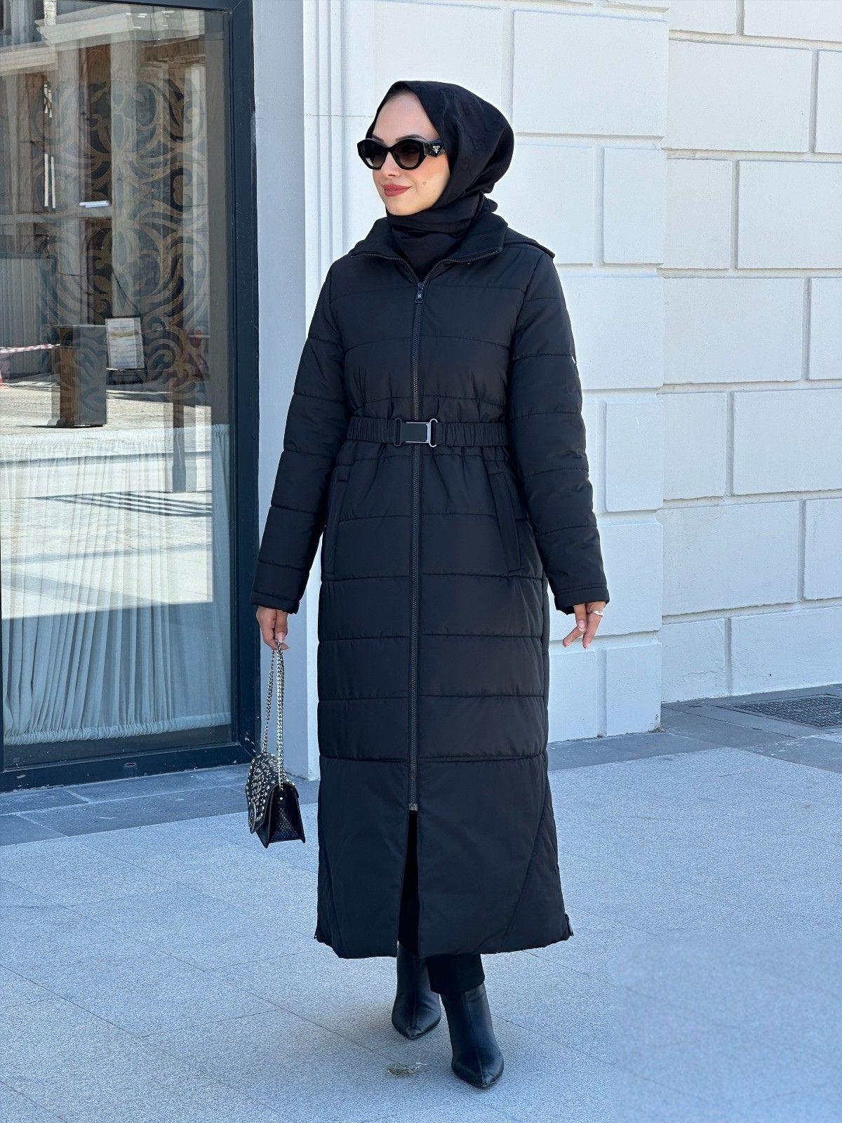 Nihle Su Geçirmez Kumaş Çıkartılabilir Kemerli Kışlık Kap Siyah