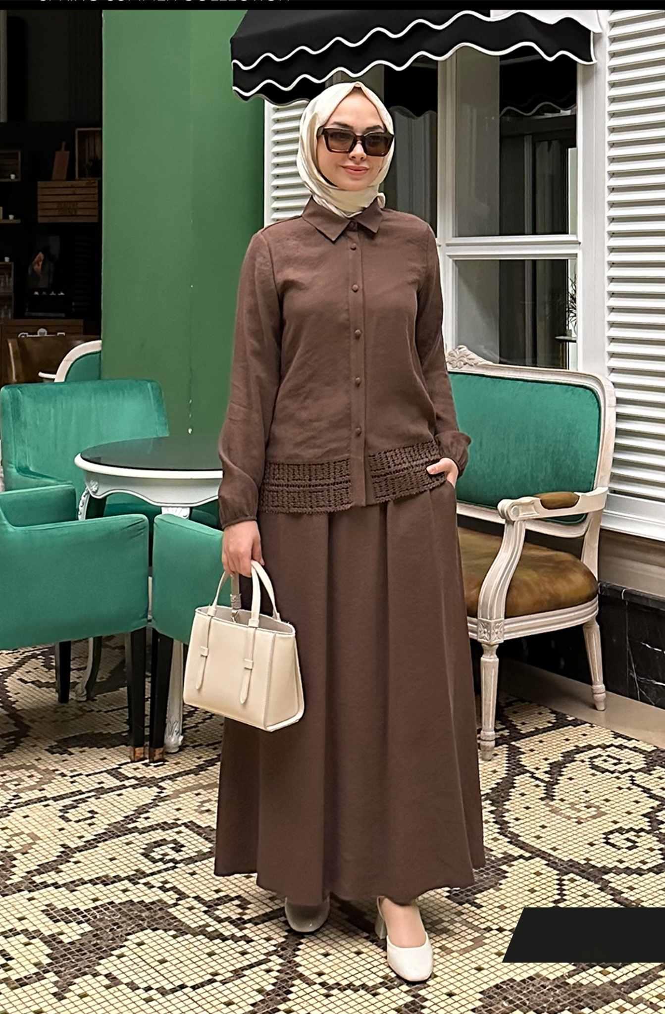 Nihle Üst Ceket Düğmeli Bayan Takım Kahve