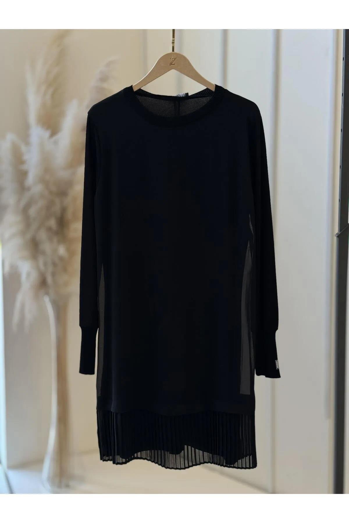 Şifonlu Uzun Kollu Piliseli Siyah İçlik 877