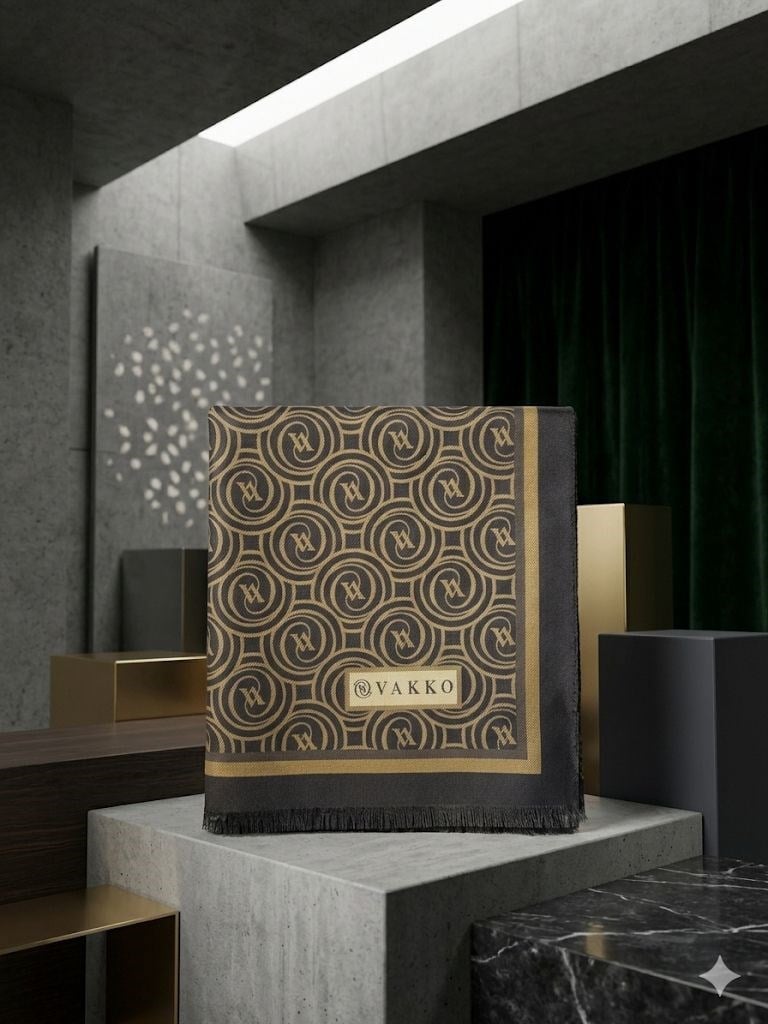 Vakko Twill İpek Şal Monogram Kahve Gold