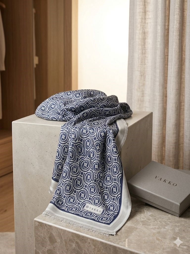Vakko Twill İpek Şal Monogram Lacivert Ekru