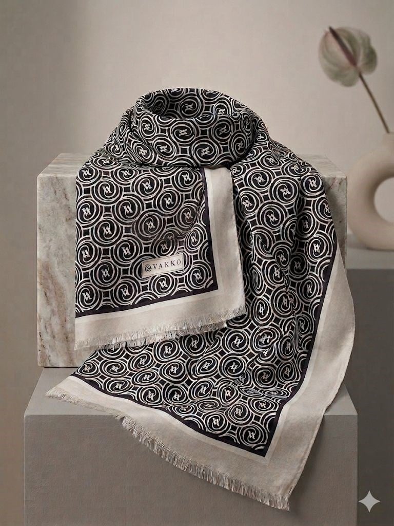 Vakko Twill İpek Şal Monogram Siyah Ekru