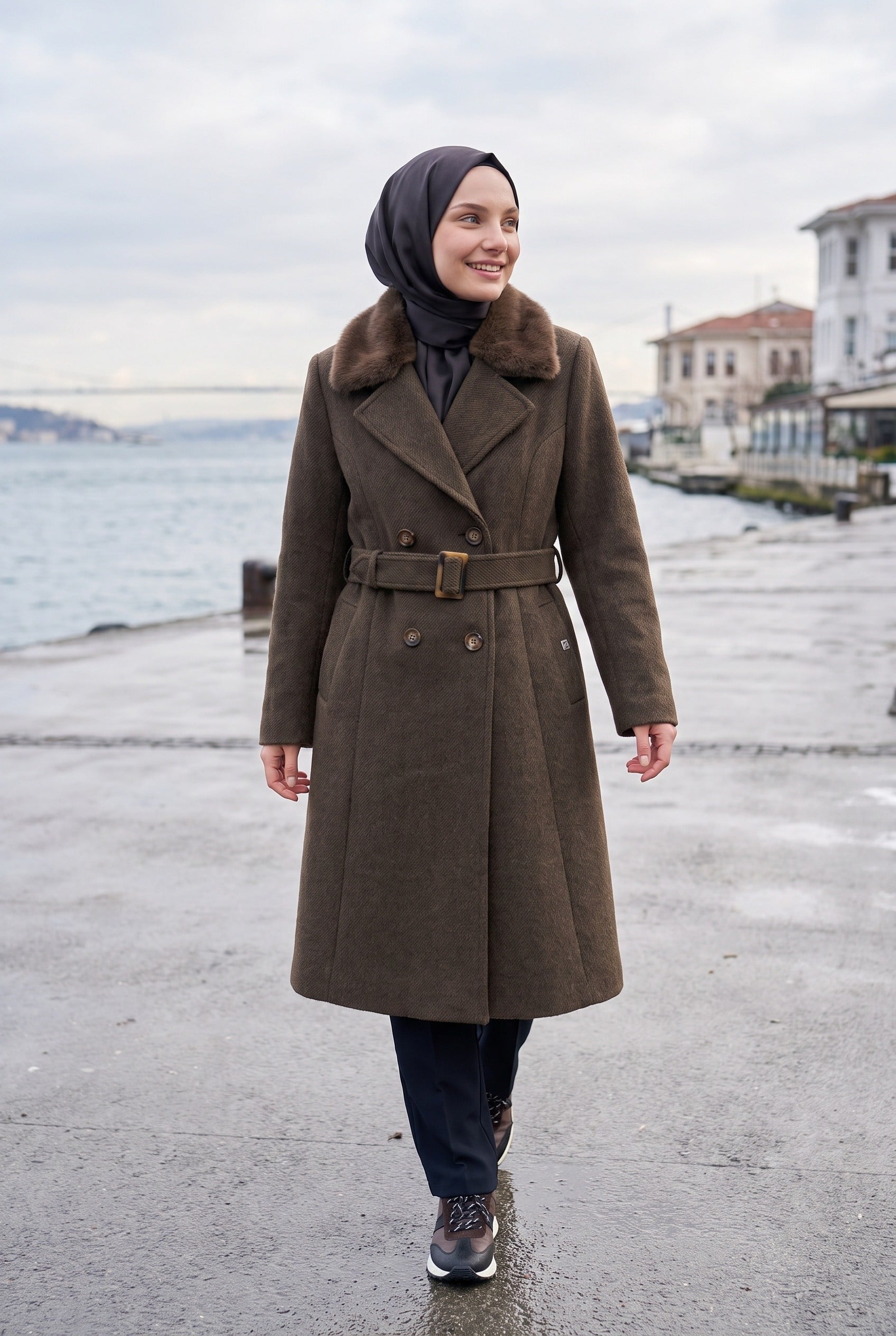 Zühre Kürk Yakalı Kemerli Kruvaze Acı Kahve Comment Kaban 14181