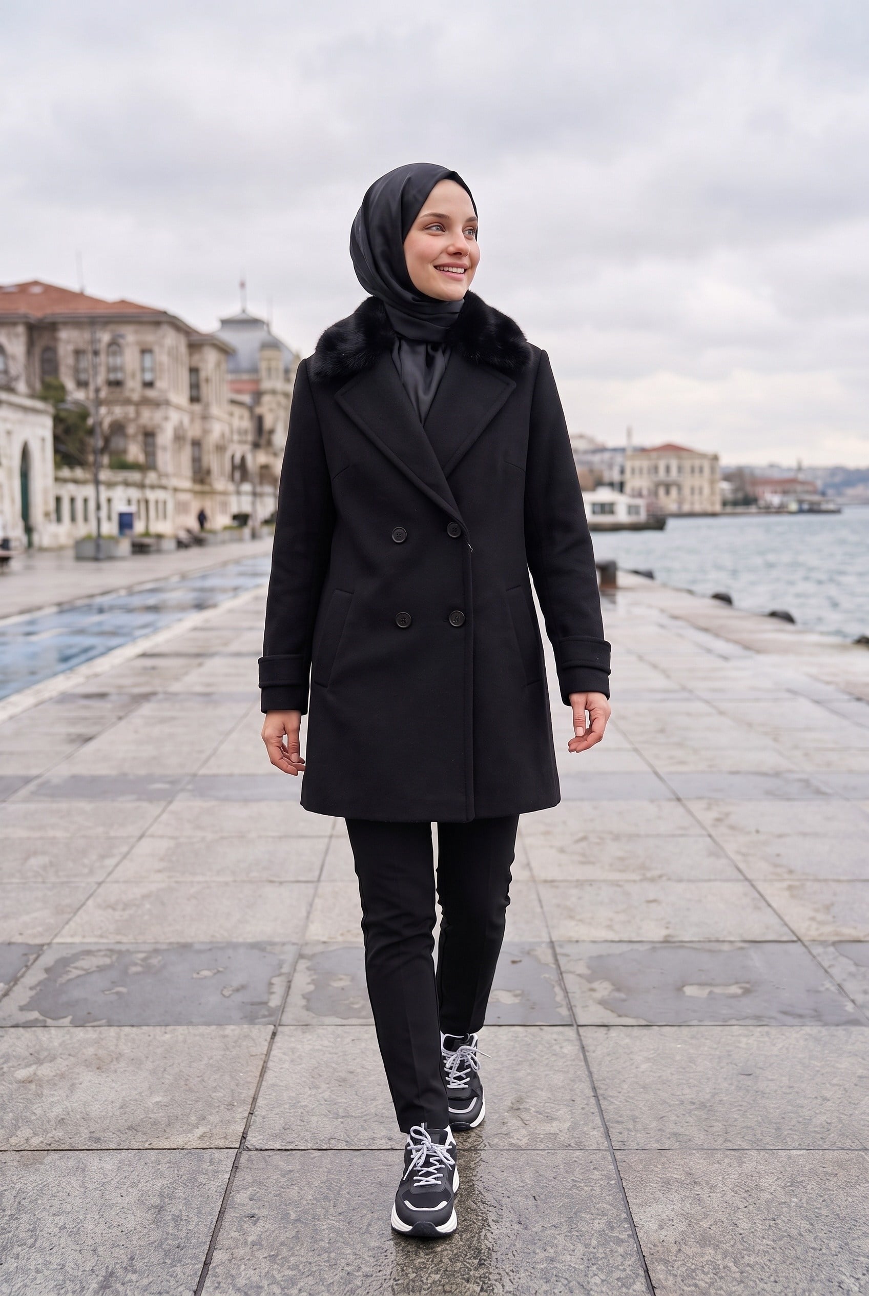 Zühre Kürk Yakalı Kısa Kaşe Kaban Siyah 14131