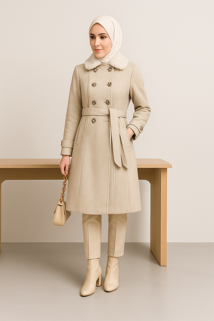 Zühre Yaka Kürk Detaylı Bej Kaşe Kaban 13112