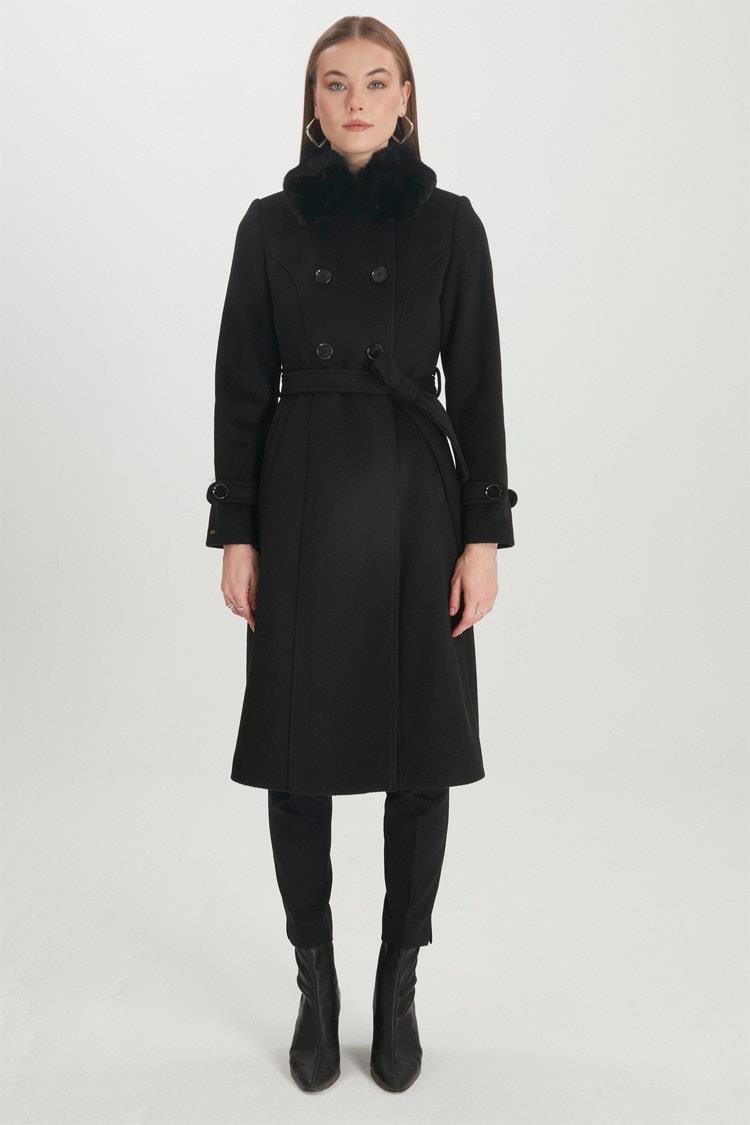 Zühre Yaka Kürk Detaylı Siyah Kaşe Kaban 13112