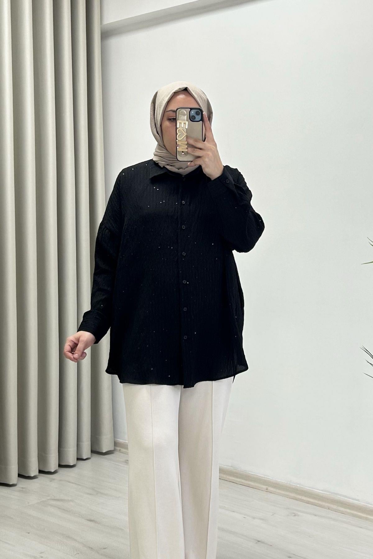 Ekru Tex Oversize Standart Beden Rahat Kalıp Pul Detaylı Gömlek Siyah