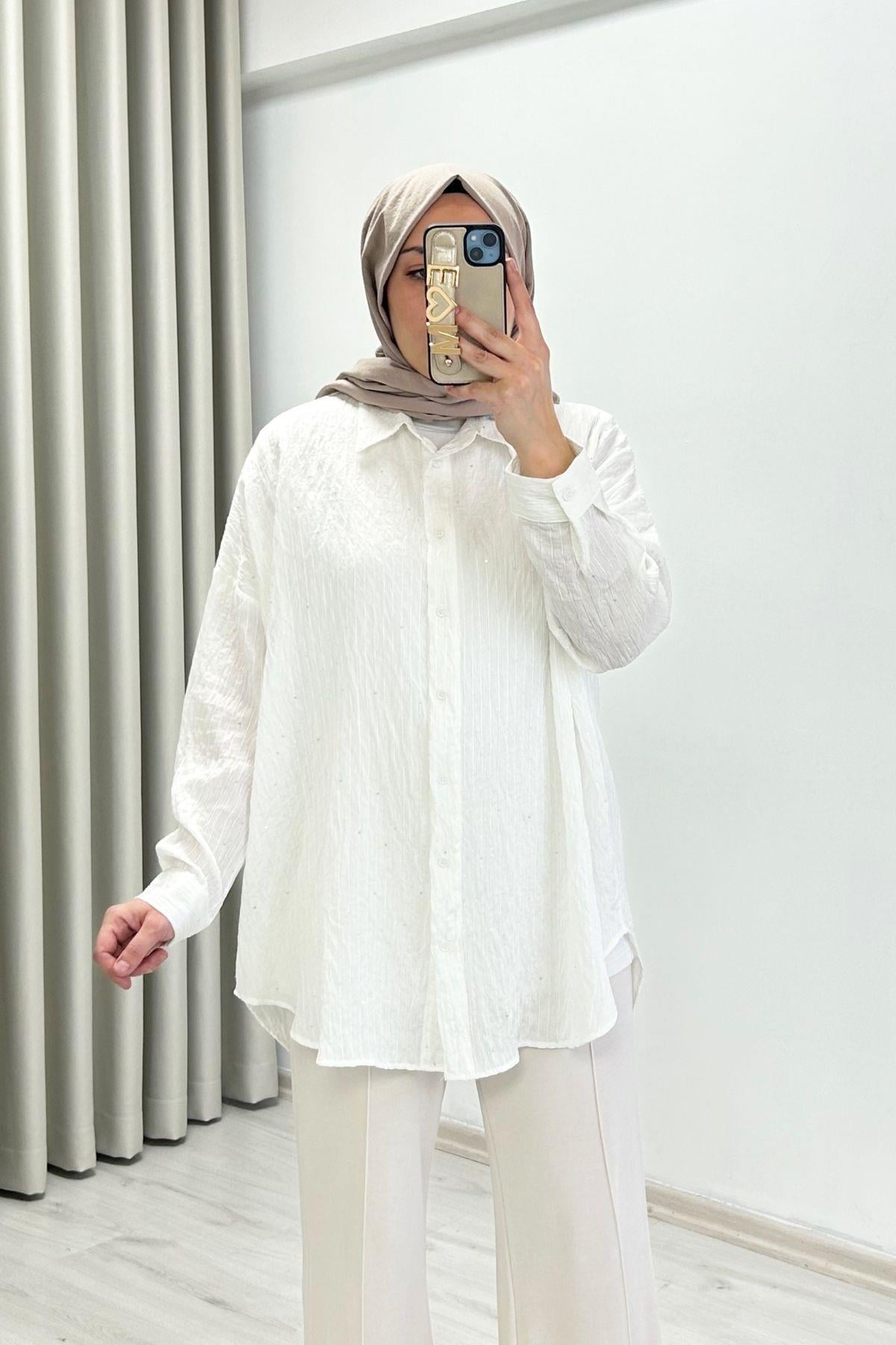 Ekru Tex Oversize Standart Beden Rahat Kalıp Pul Detaylı Gömlek Beyaz