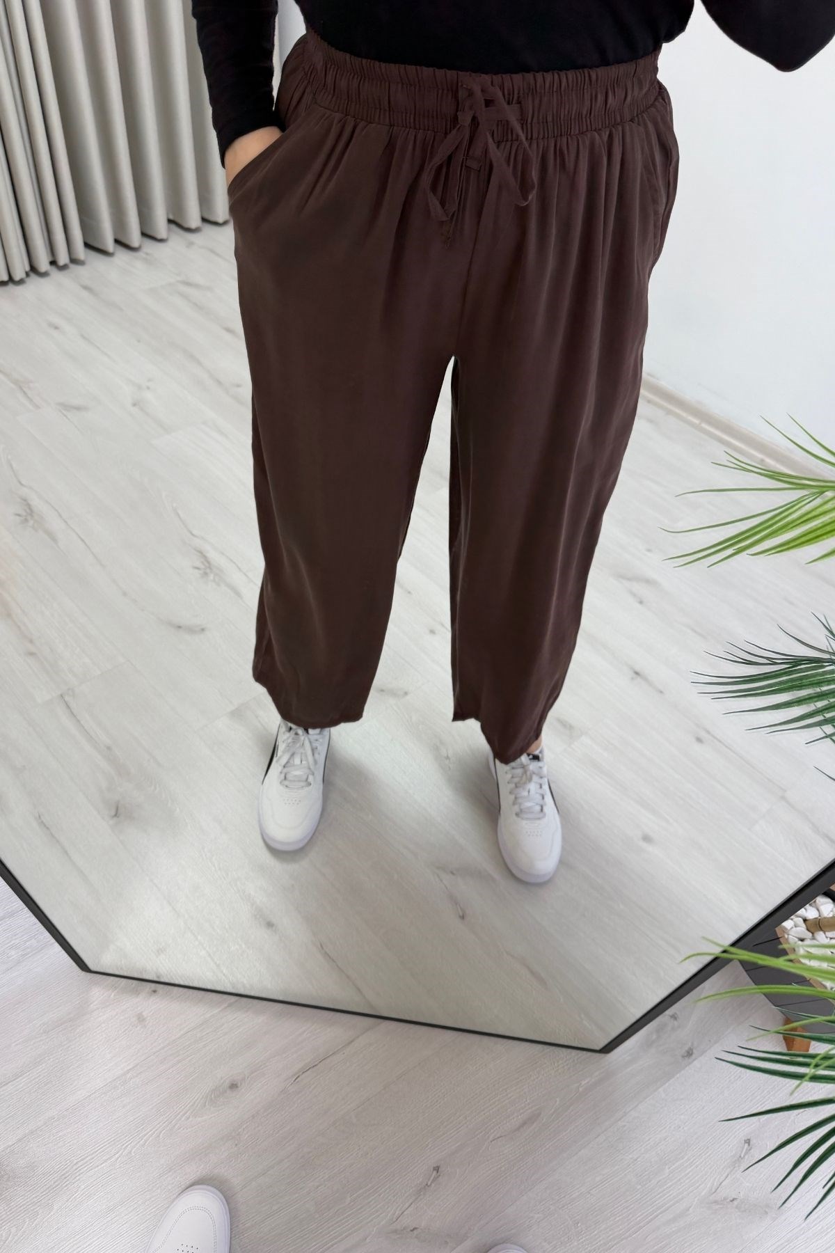 İkoll Glarmi Beli Lastikli Tensel Rahat Pantolon Kahve