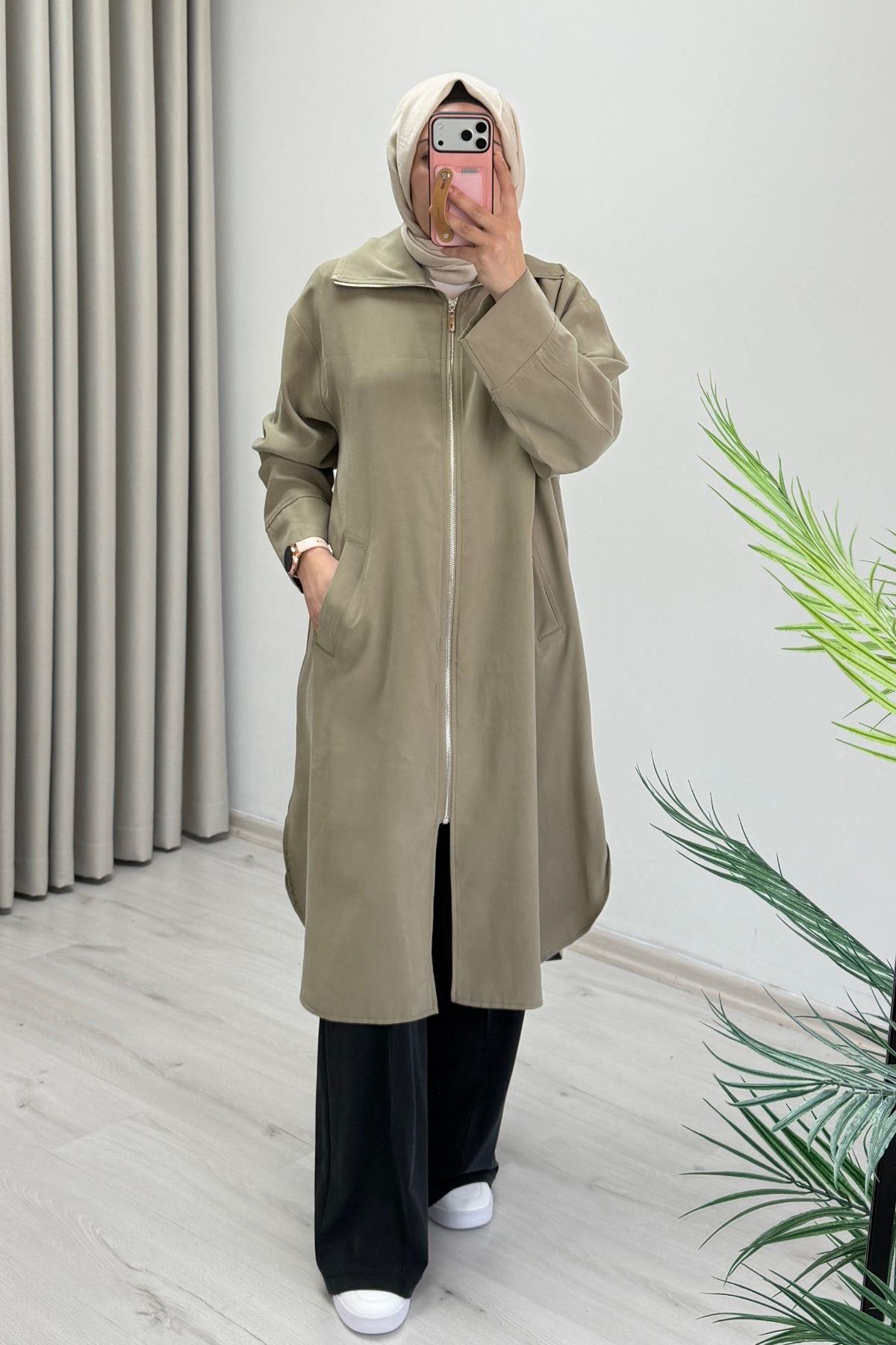 İkoll Tensel Kot Kumaş Oversize Rahat Kalıp Fermuarlı Uzun Kap Haki