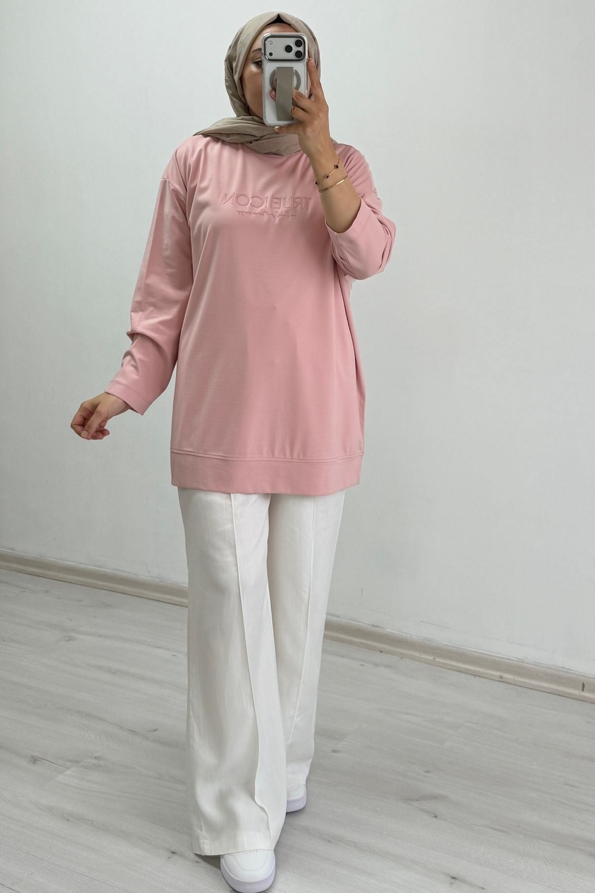 İkoll Yazı Baskılı Premium Kalite Tunik Pudra