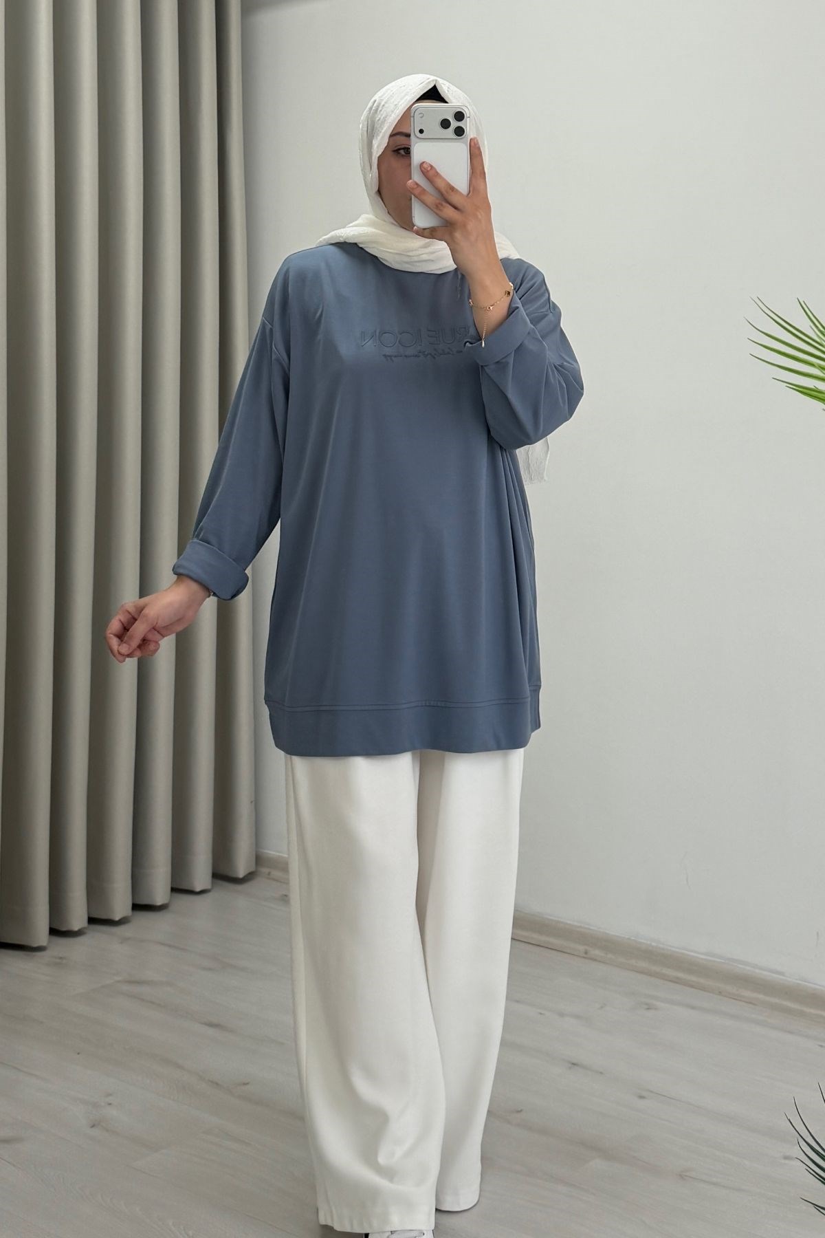 İkoll Yazı Baskılı Premium Kalite Tunik Mavi