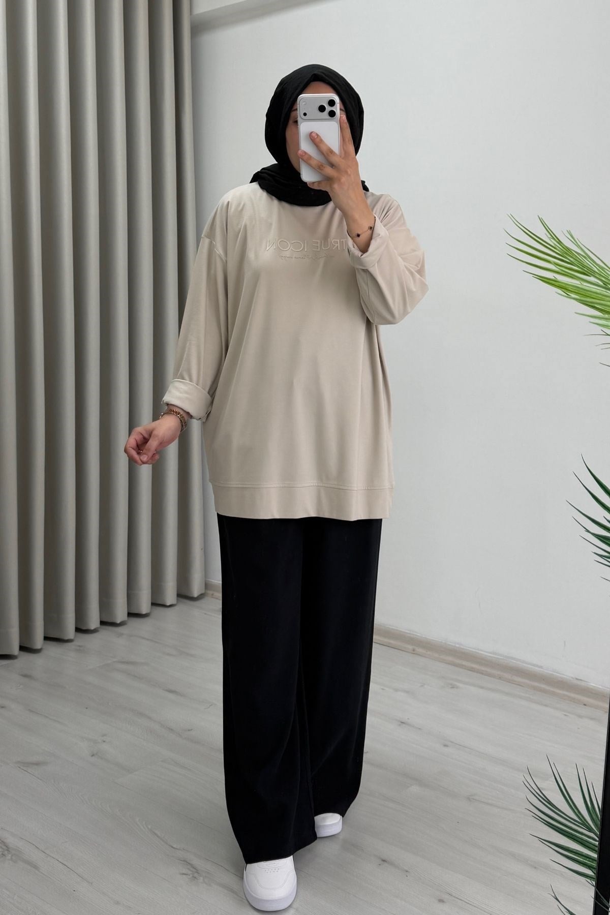 İkoll Yazı Baskılı Premium Kalite Tunik Bej