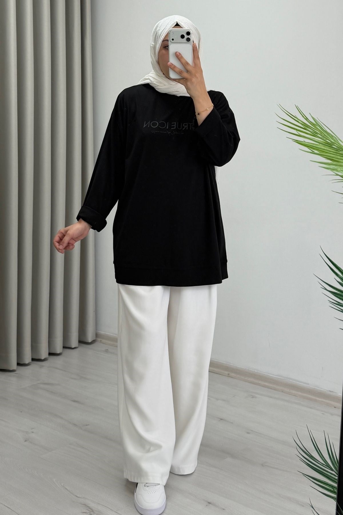 İkoll Yazı Baskılı Premium Kalite Tunik Siyah