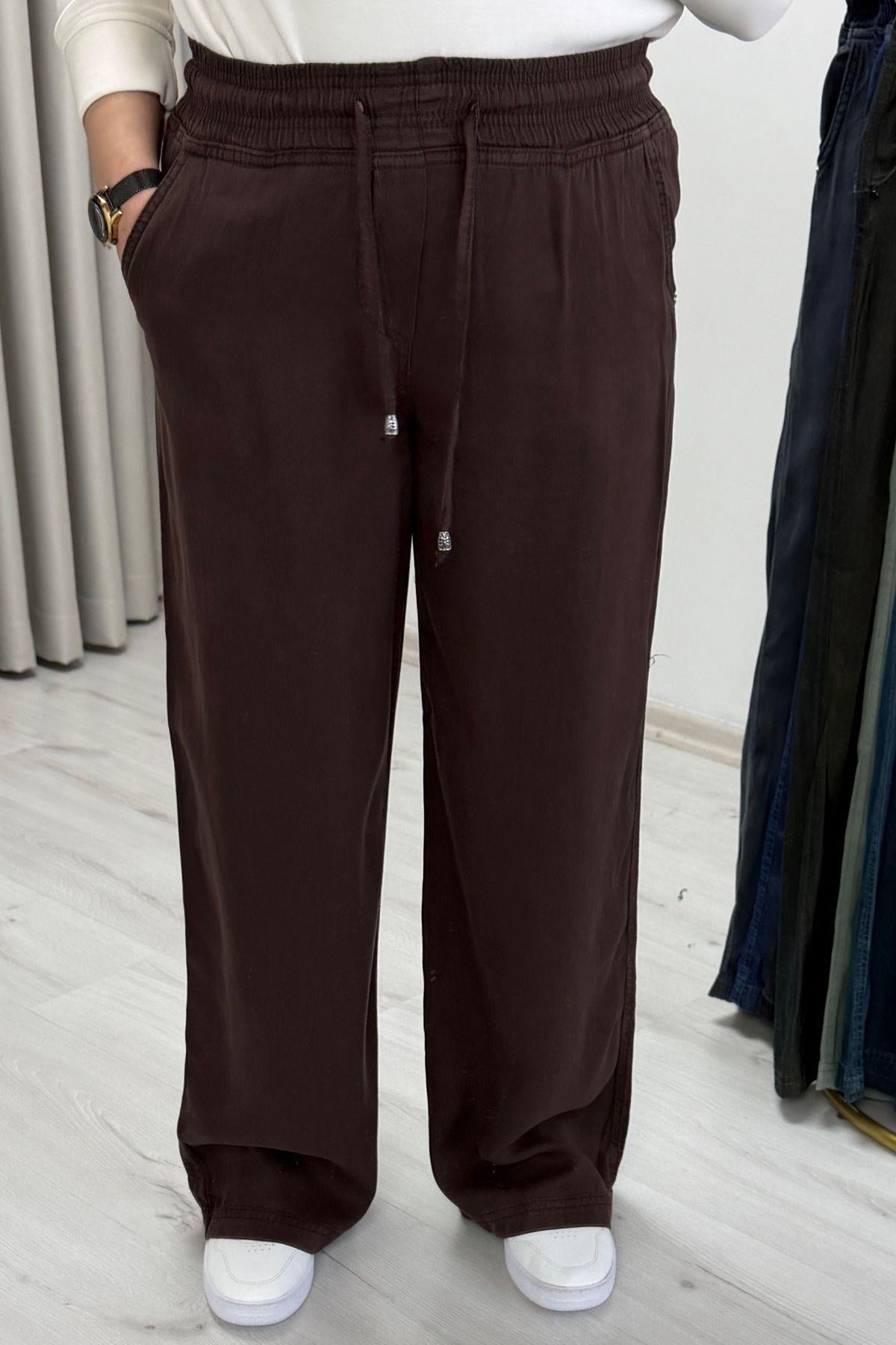 My Magazin Beli Lastikli Tensel Kot Pantolon Kahve