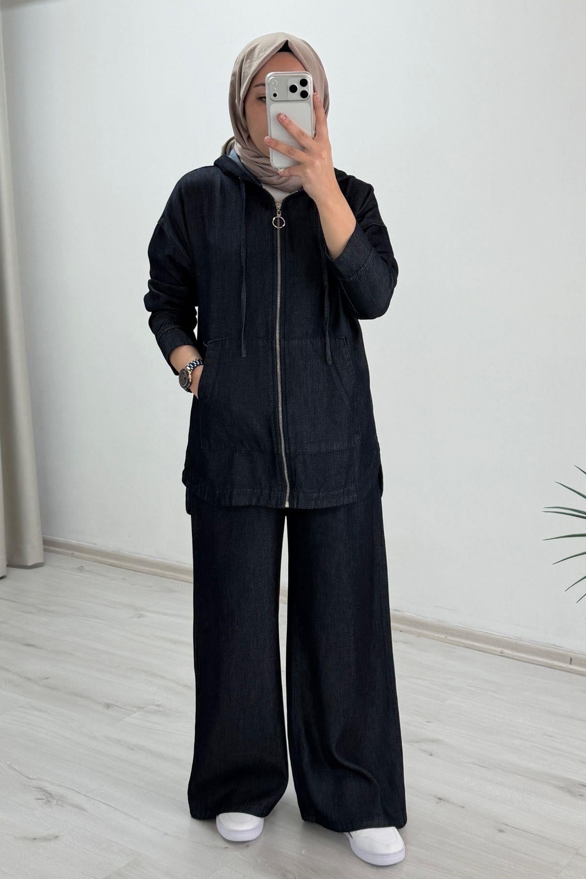 My Magazin Denim Kumaş Kanguru Cep Detaylı Full Fermuar Kapamalı Tesettür İkili Takım  Koyu Lacivert