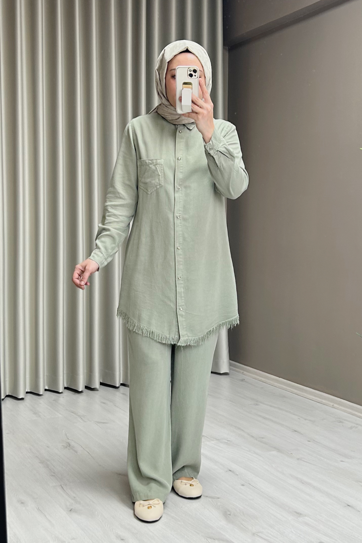 Premium Kumaş Çıtçıt Düğme Detaylı Gömlek Pantolon İkili Tesettür Takım Mint