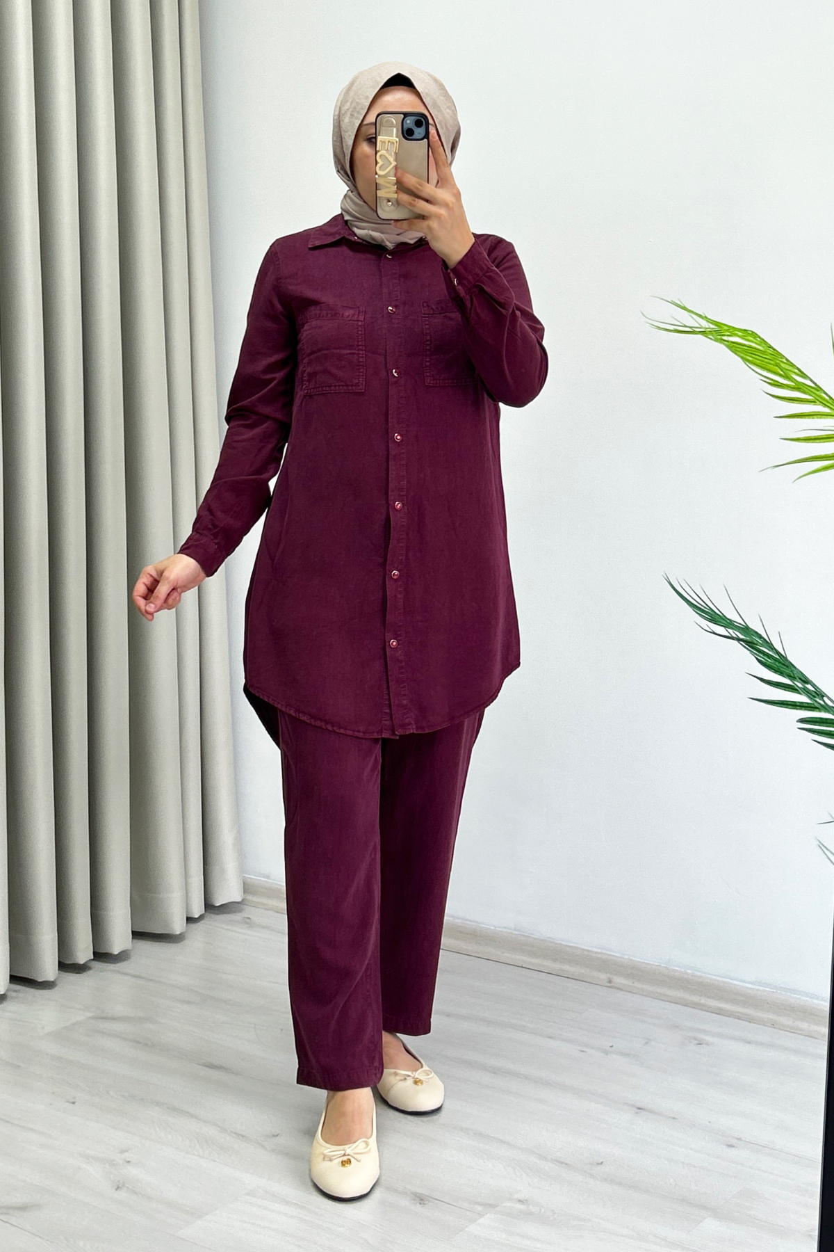 Premium Kumaş Çıtçıt Düğme Detaylı Gömlek Havuç Pantolon Tesettür İkili Takım Bordo 