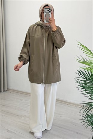 İkoll Tensel Kot Kumaş Kapüşonlu Fermuarlı Oversize Bomber Ceket Haki