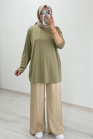 İkoll Yazı Baskılı Premium Kalite Tunik Haki