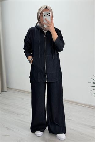 My Magazin Denim Kumaş Kanguru Cep Detaylı Full Fermuar Kapamalı Tesettür İkili Takım  Koyu Lacivert