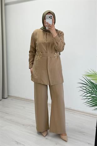 My Magazin Liyosel Kumaş Toka Detaylı İkili Takım Camel