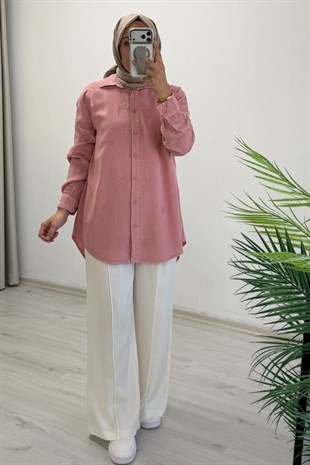 My Magazin Tensel Kot Kumaş Kalp Detaylı Tesettür Gömlek Pembe