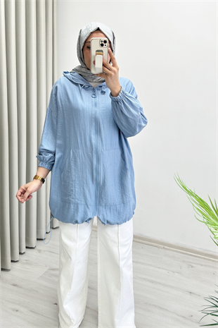 Oversize Çilek Kumaş Kapüşonlu Stoperli Kap Bebe Mavi