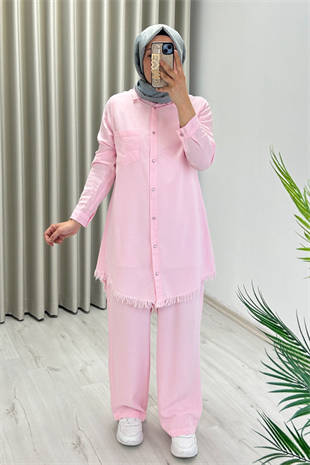 Premium Kumaş Çıtçıt Düğme Detaylı Gömlek Pantolon İkili Tesettür Takım Pembe