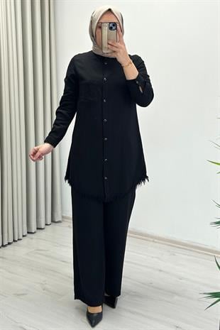 Premium Kumaş Çıtçıt Düğme Detaylı Gömlek Pantolon İkili Tesettür Takım Siyah