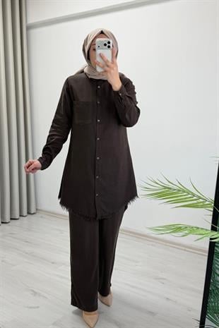 Premium Kumaş Çıtçıt Düğme Detaylı Gömlek Pantolon İkili Tesettür Takım Kahve
