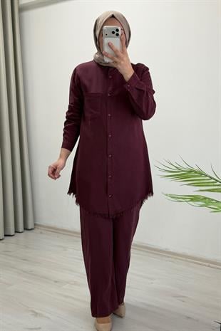 Premium Kumaş Çıtçıt Düğme Detaylı Gömlek Pantolon İkili Tesettür Takım Bordo