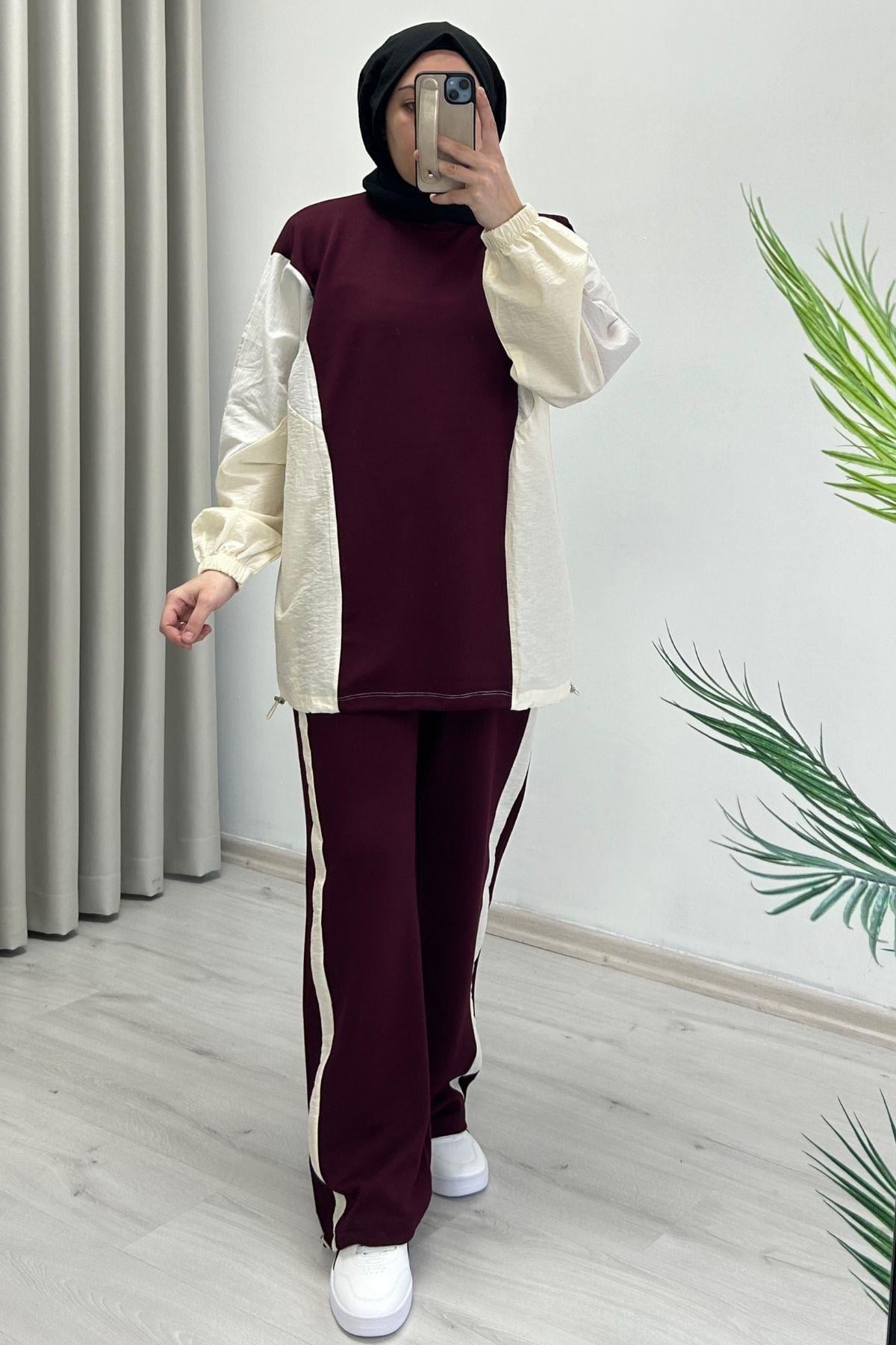 Ekru Tex Garnili Stoperli Spor Tesettür İkili Takım Bordo Krem