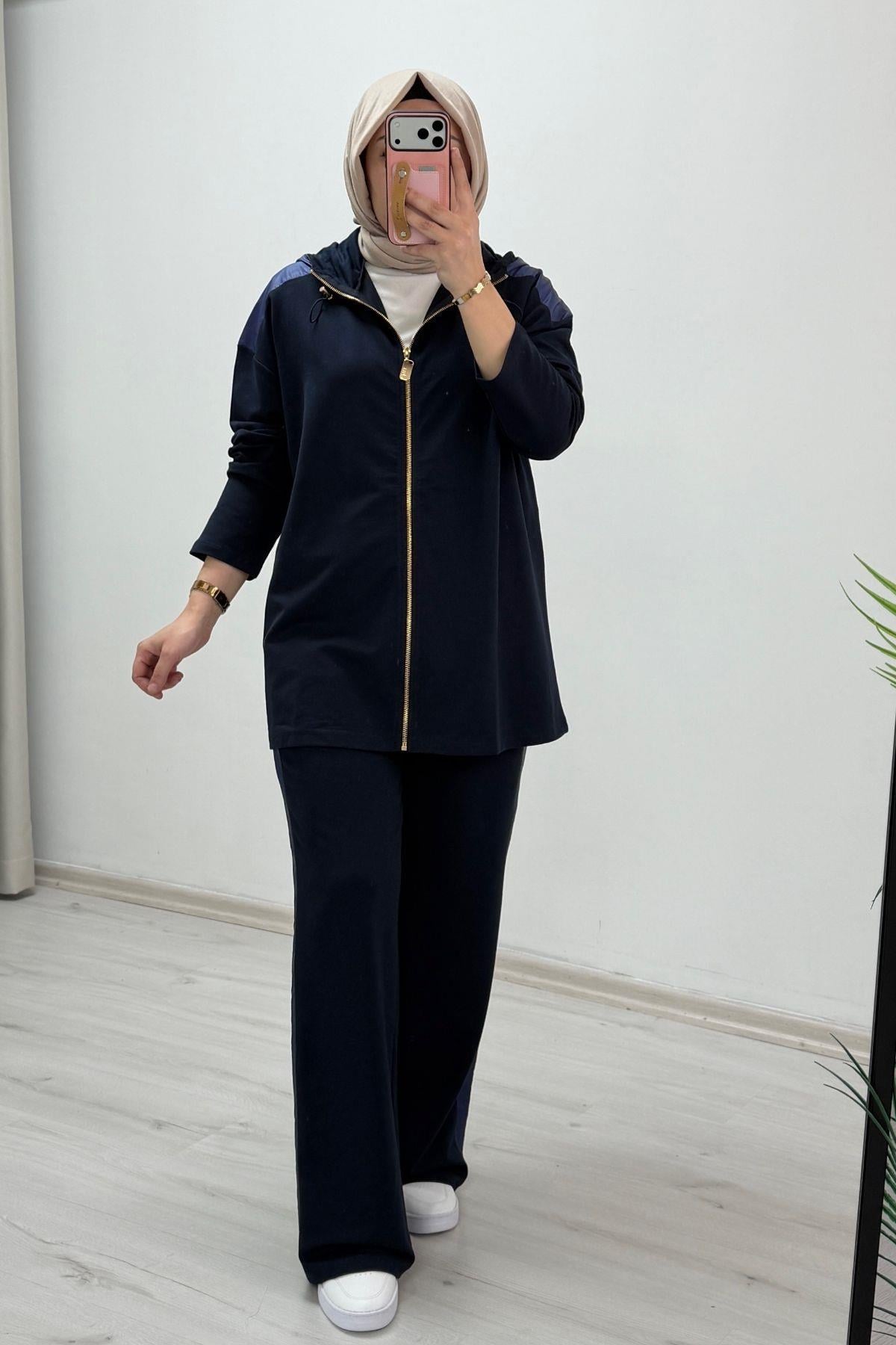 Ekru Tex Paraşüt Kumaş Detaylı Tesettür İkili Takım Lacivert