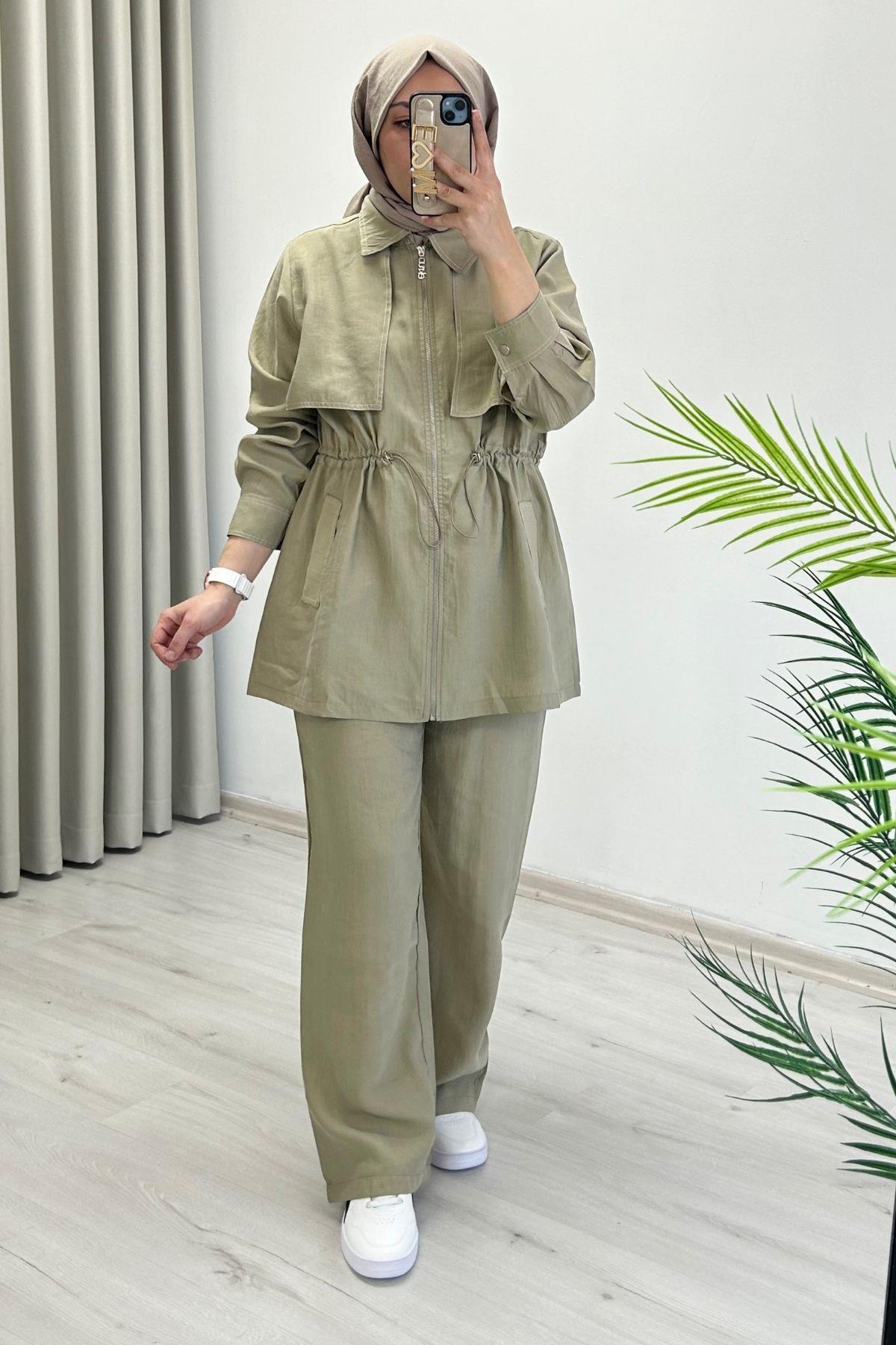 Ekru Tex Tansel Kupra Kumaş Full Fermuarlı Dikiş Ve Bel Büzme Detaylı Tesettür İkili Takım Olive