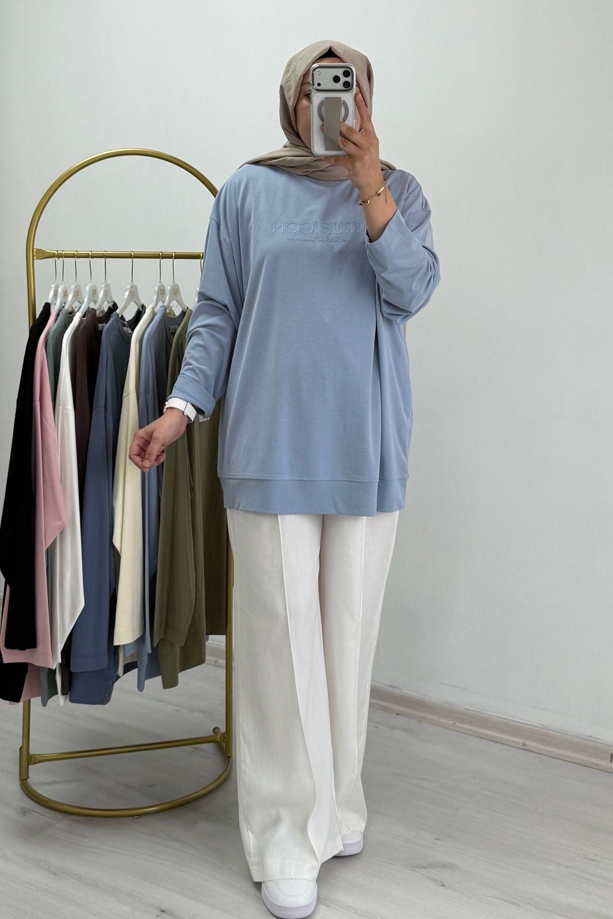 İkoll Yazı Baskılı Premium Kalite Tunik Açık Mavi