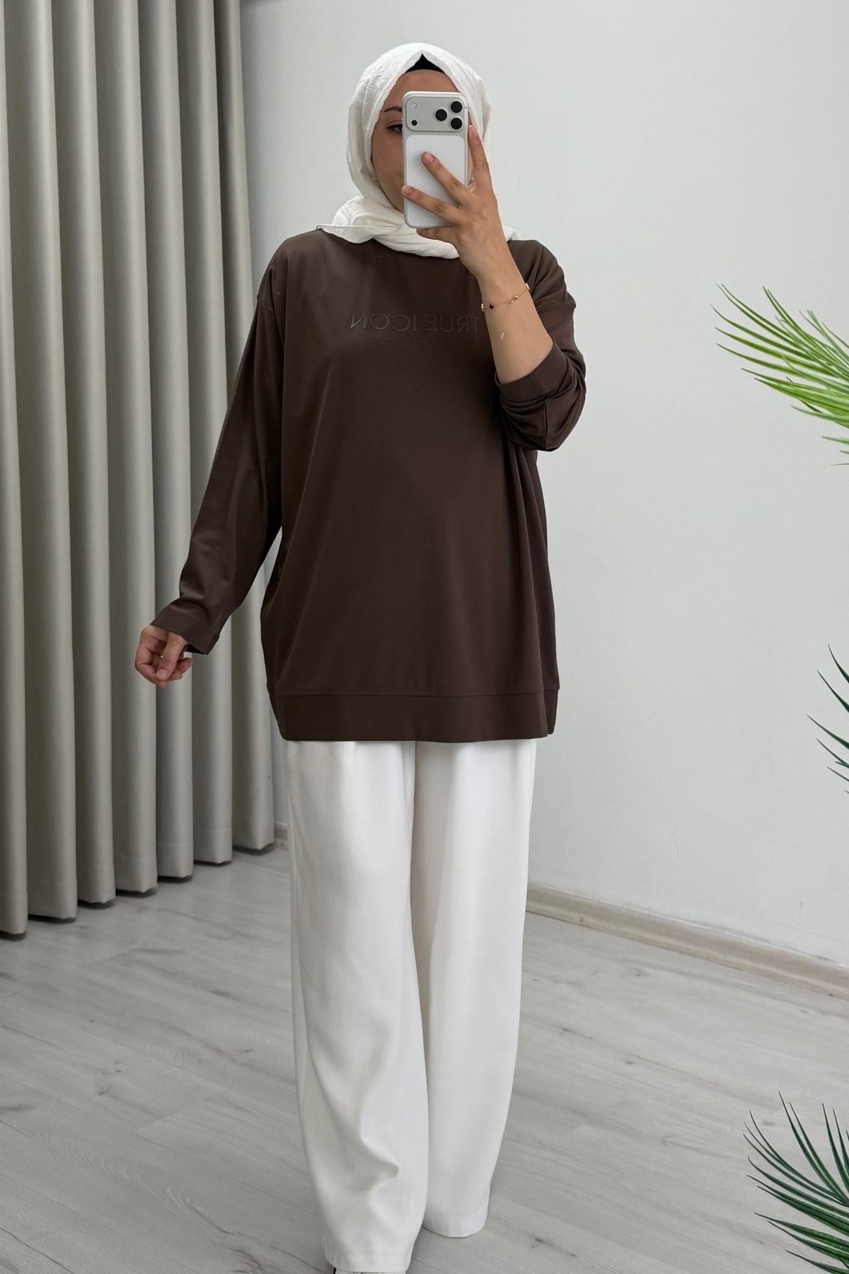 İkoll Yazı Baskılı Premium Kalite Tunik Kahve