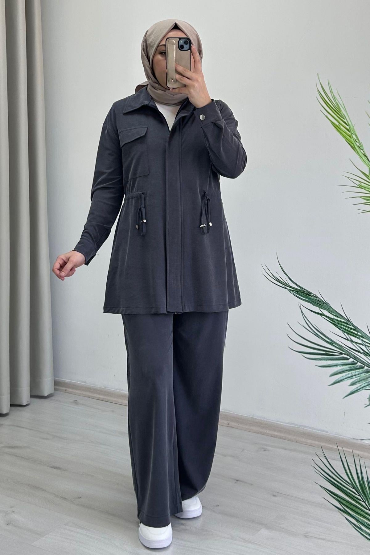 My Magazin Bambu Pike Kumaş Bel Büzme Detaylı Full Fermuar Kapamalı Tesettür İkili Takım Lacivert