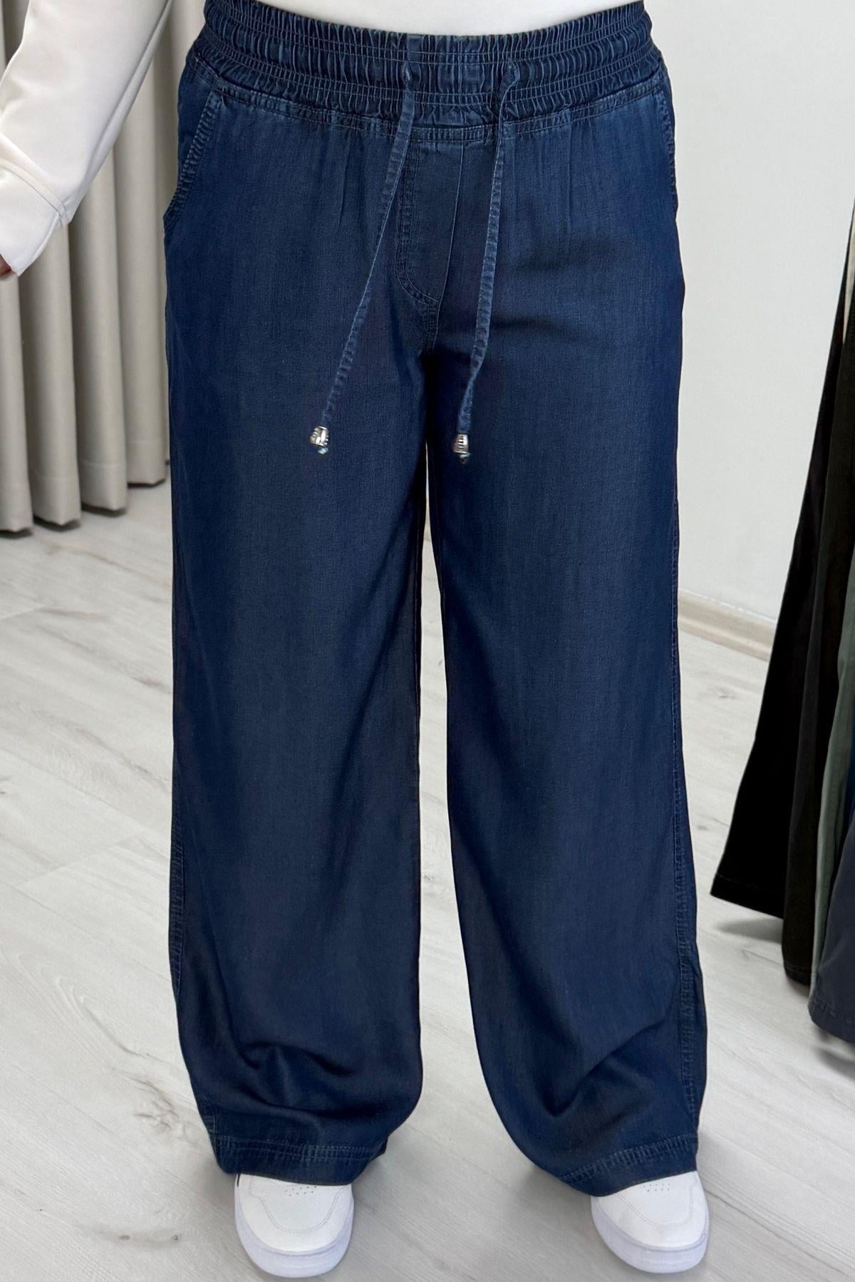 My Magazin Denim Koleksiyon Tensel Kot Beli Lastikli Pantolon Mavi