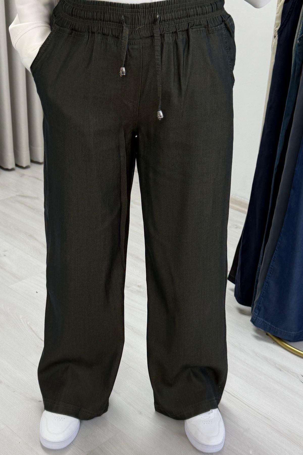 My Magazin Denim Koleksiyon Tensel Kot Beli Lastikli Pantolon Haki
