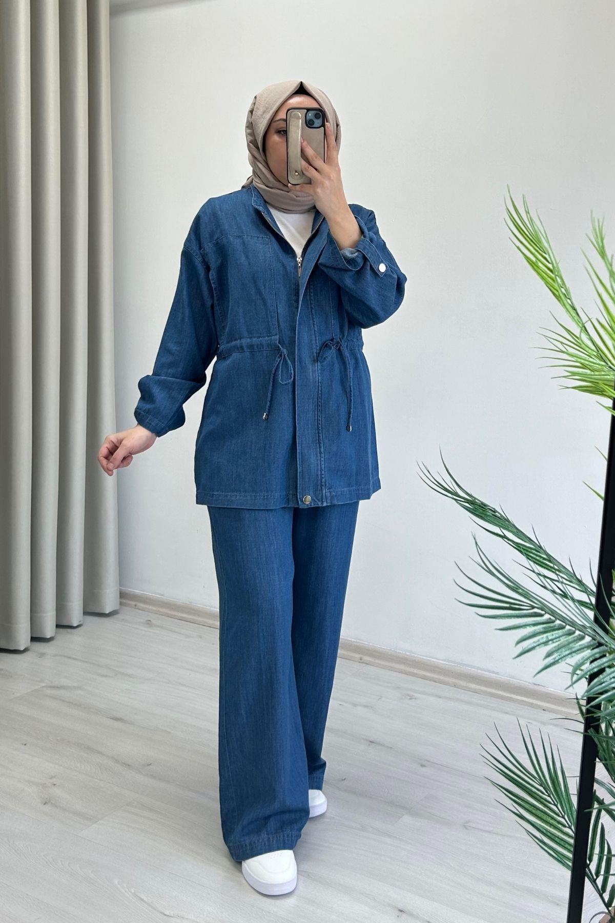 My Magazin Denim Kumaş Bel Büzme Detaylı Full Fermuar Kapamalı Tesettür İkili Takım