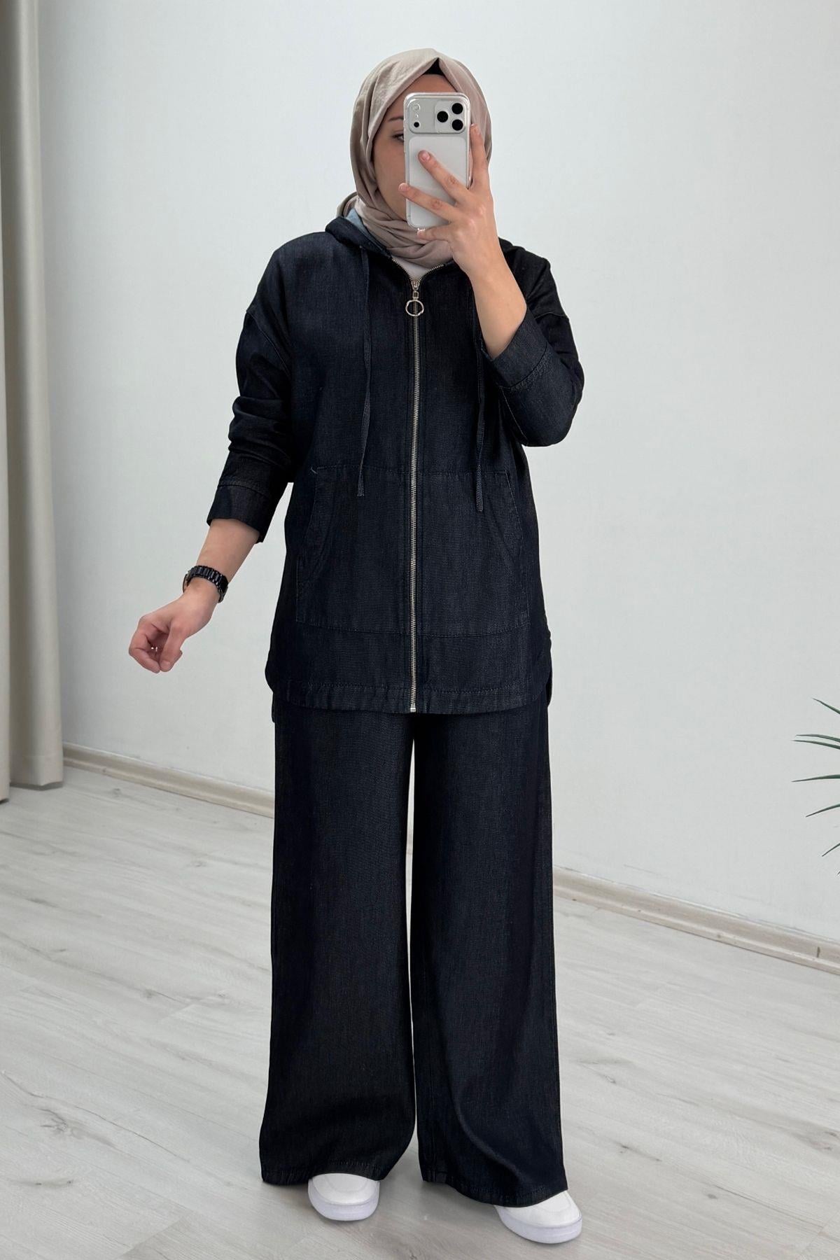 My Magazin Denim Kumaş Kanguru Cep Detaylı Full Fermuar Kapamalı Tesettür İkili Takım  Koyu Lacivert