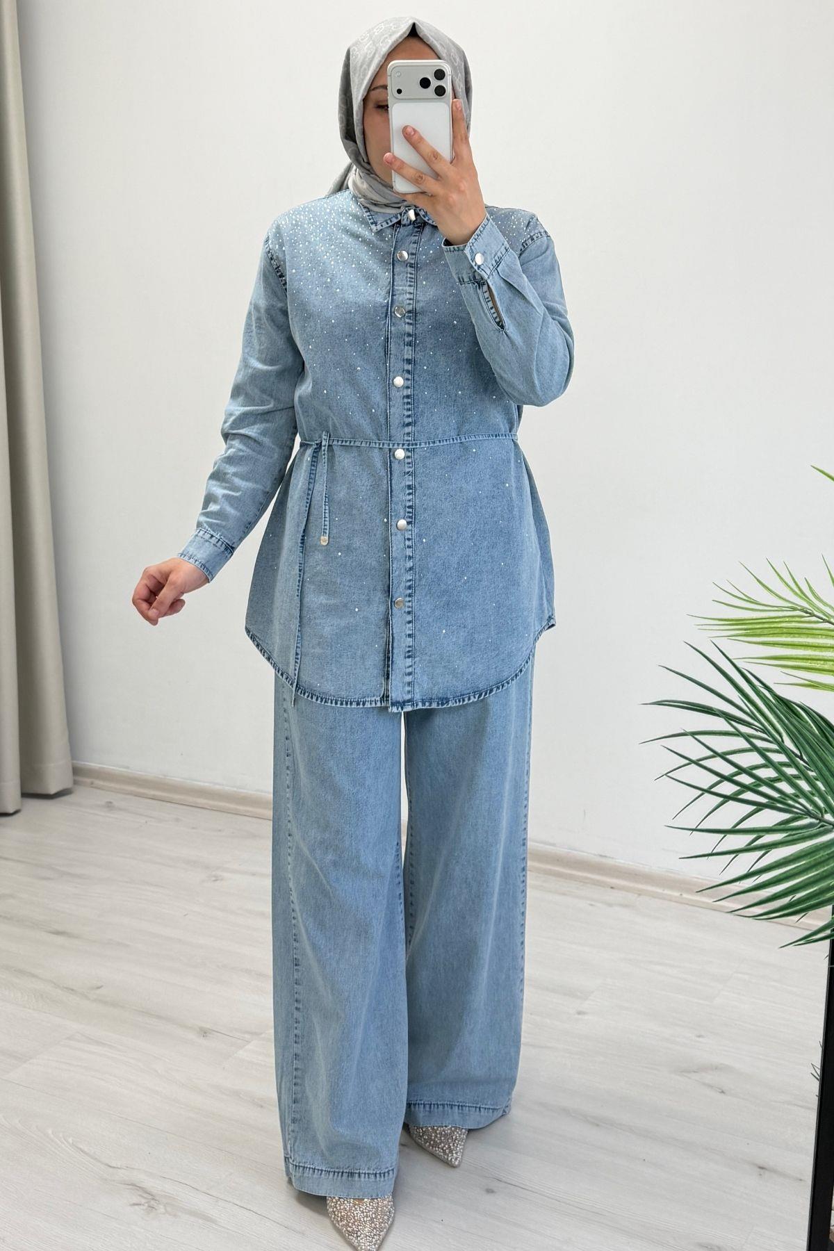 My Magazin Yazlık Denim Kumaş Serpme Taş Detaylı İkili Takım Mavi