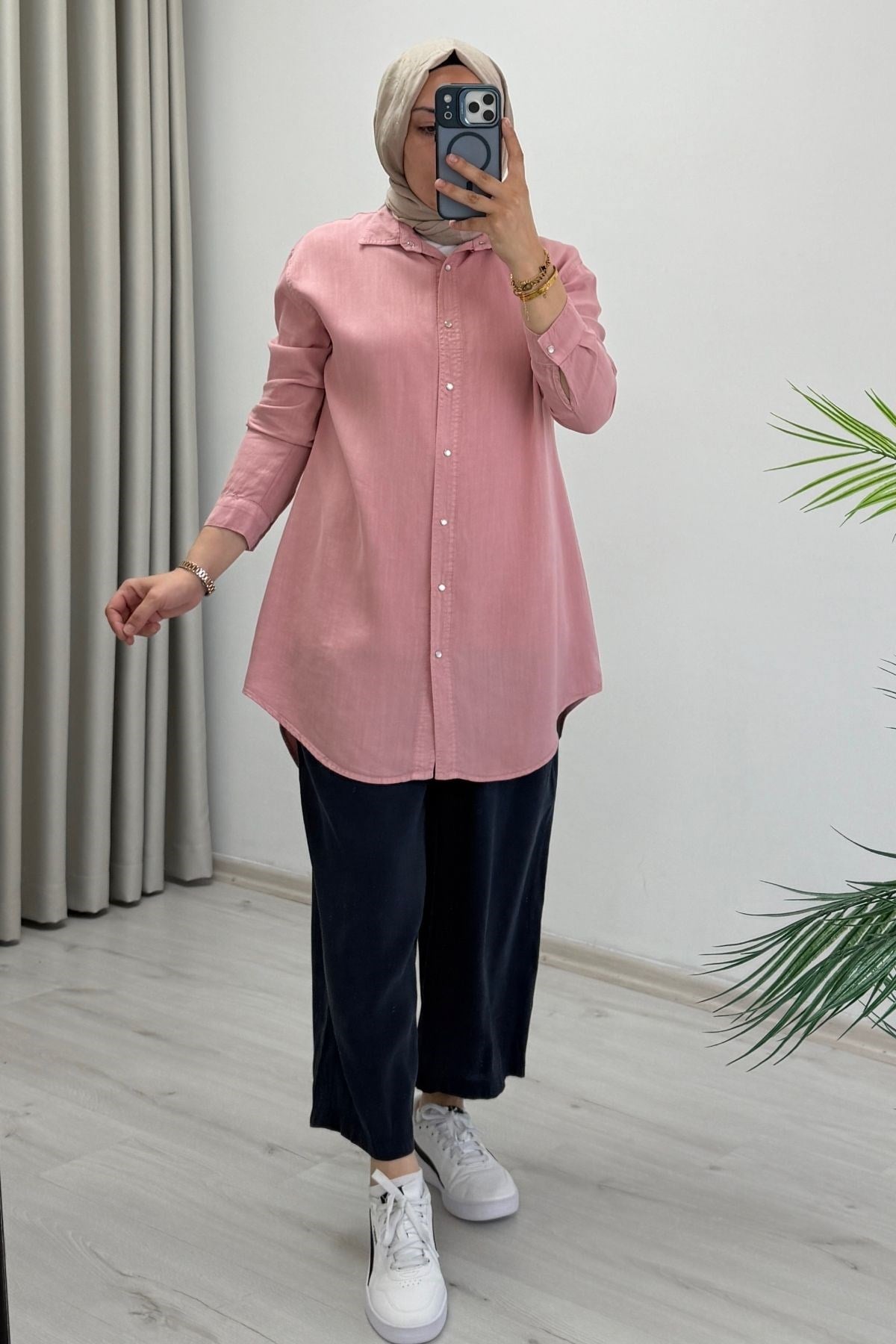 My Magazin Yazlık Tensel Kot Kumaş Çıtçıt Düğmeli Tesettür Gömlek Pembe