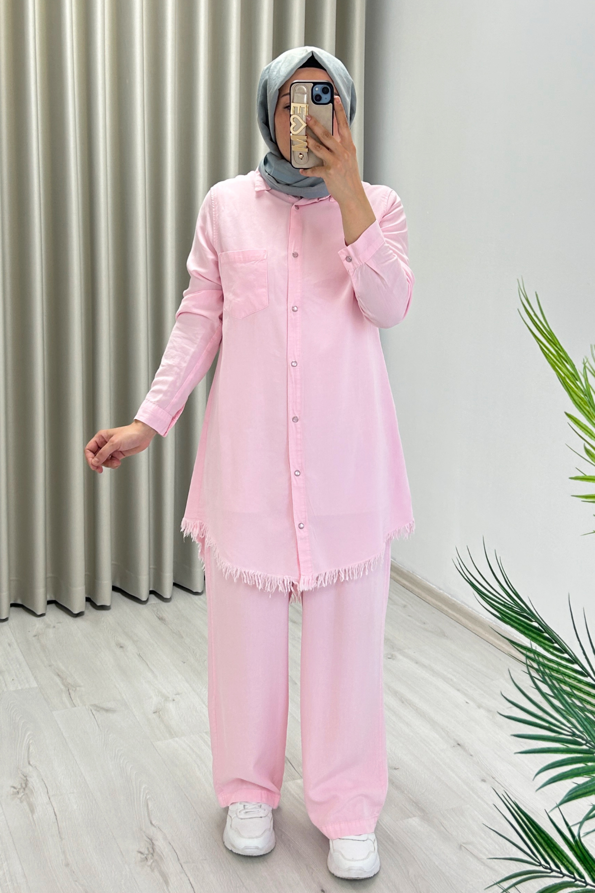 Premium Kumaş Çıtçıt Düğme Detaylı Gömlek Pantolon İkili Tesettür Takım Pembe