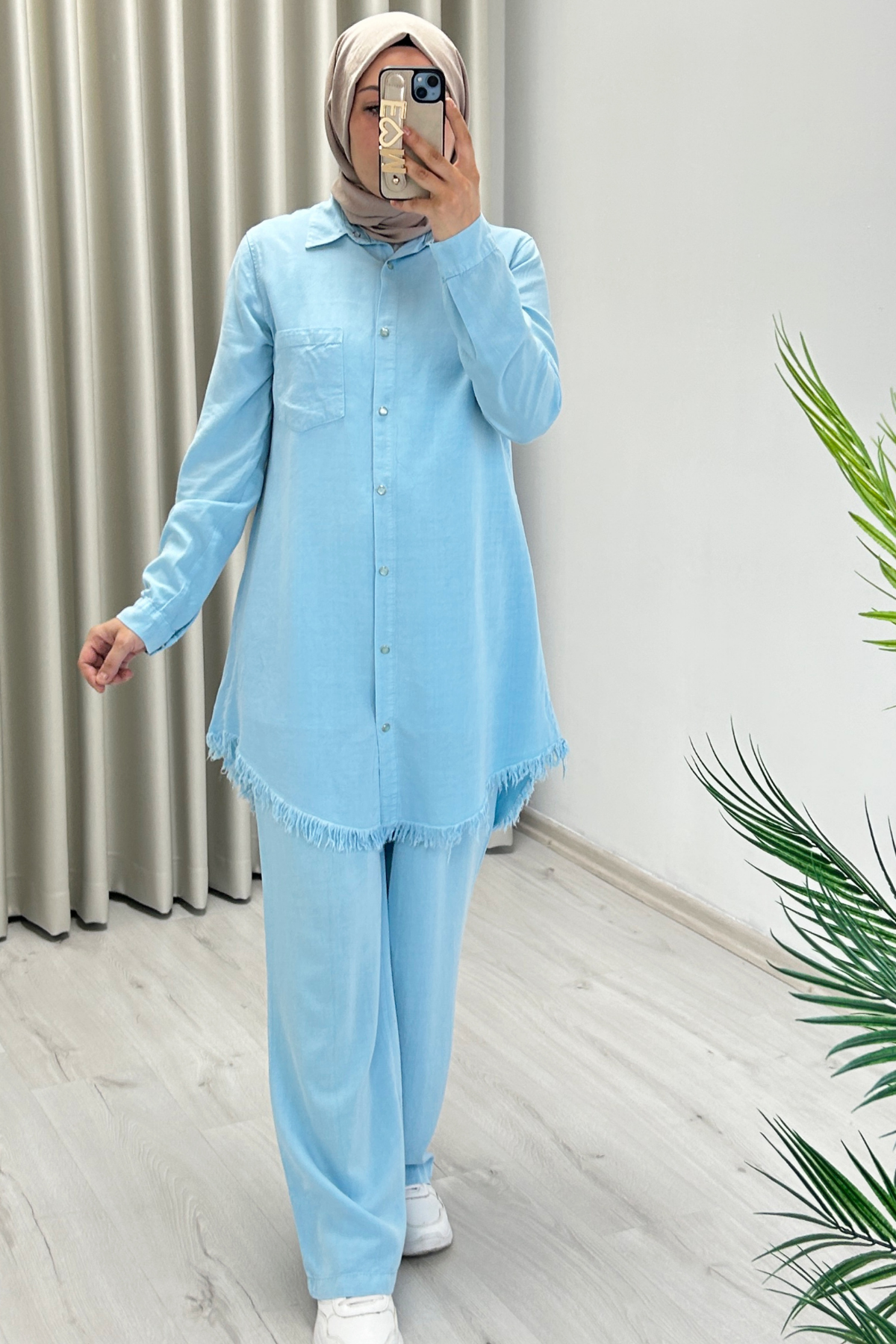 Premium Kumaş Çıtçıt Düğme Detaylı Gömlek Pantolon İkili Tesettür Takım Bebe Mavi