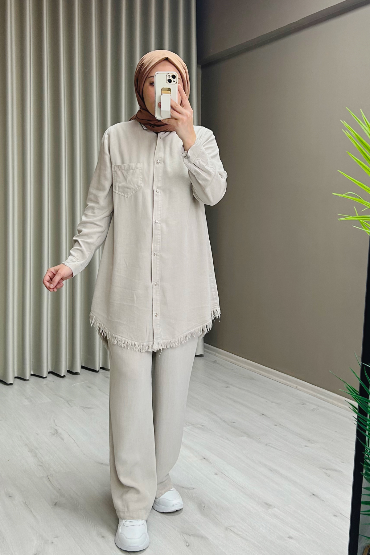 Premium Kumaş Çıtçıt Düğme Detaylı Gömlek Pantolon İkili Tesettür Takım Taş