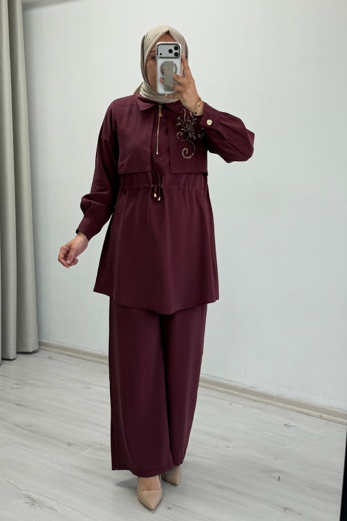 Tripen Tensel Kumaş Taş İşleme Detaylı Tesettür Takım Bordo