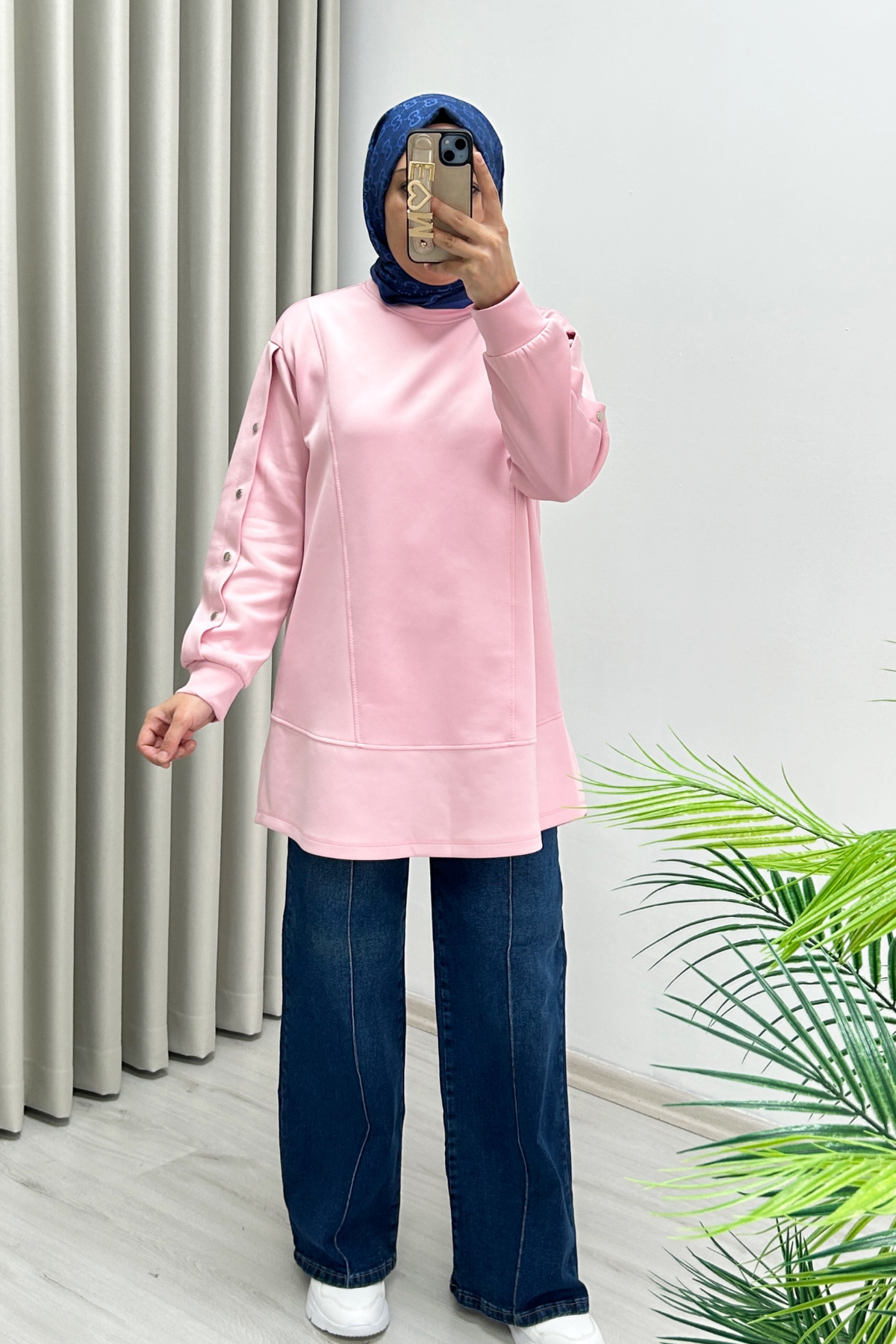 Yeni Sezon Mevsimlik Kumaş Kol Aksesuar Detaylı Tesettür Kadın Tunik Pembe